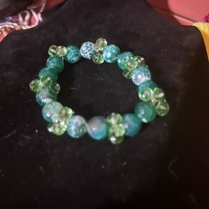 Green Agate & Glass Bead Stretch Bracelet Anniversary Gift